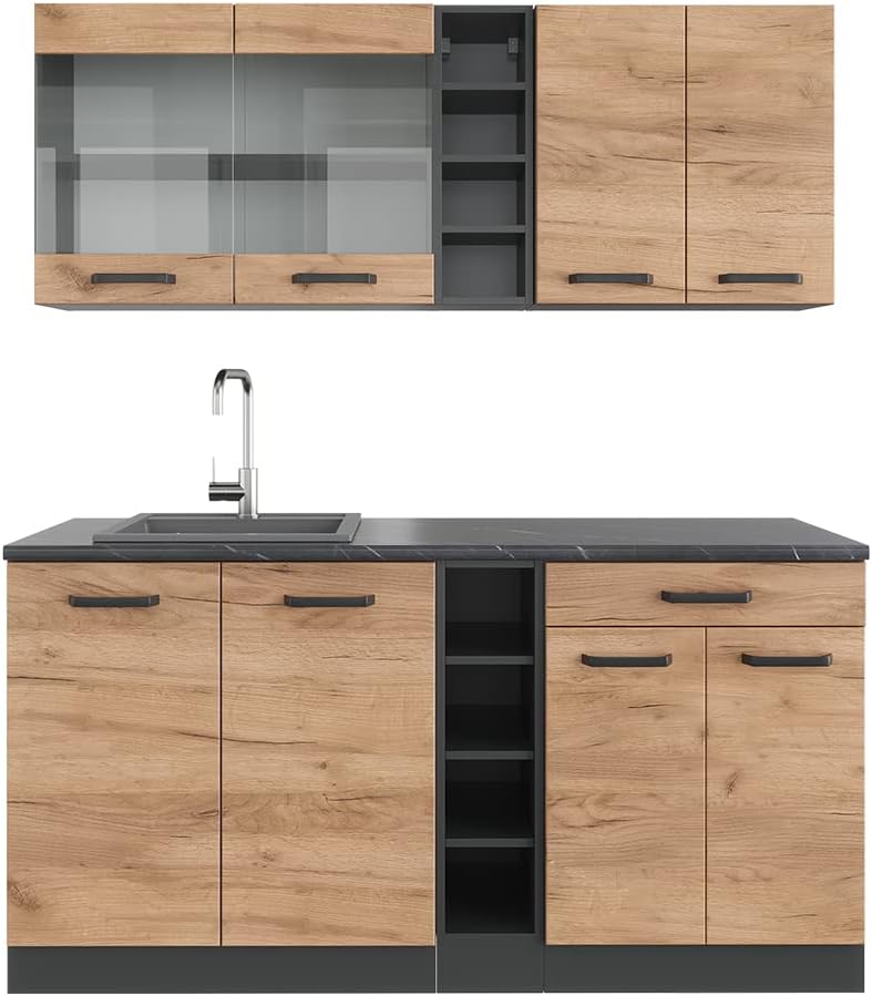 Moduli componibili Vicco, Cucina completa R-Line, Rovere dorato/antracite