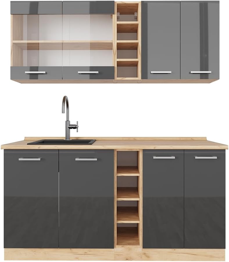 Moduli componibili Vicco, Cucina completa R-Line, Antracite lucido/Rovere