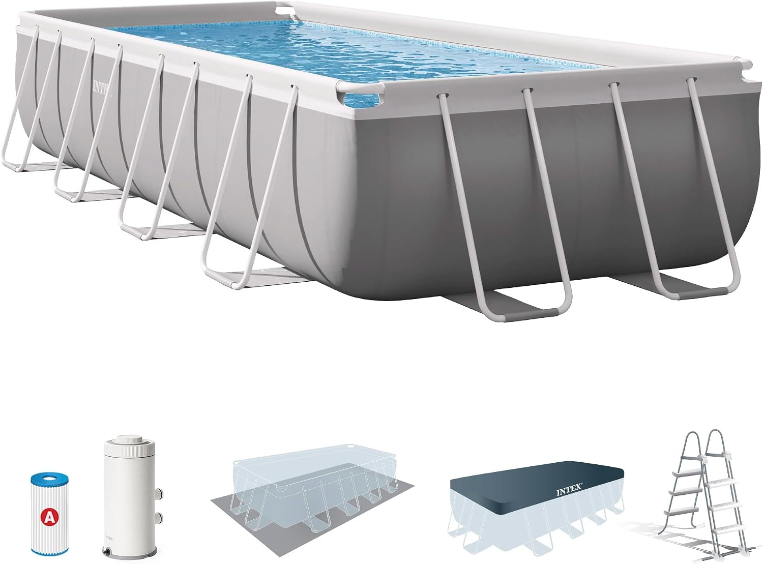 Piscine fuoriterra Intex 26792NP, Piscina Fuori Terra Prisma Frame Rettangolare, Pompa Filtro 3785 L/h, Scaletta, Telo Base e Copertura, 488x244x1