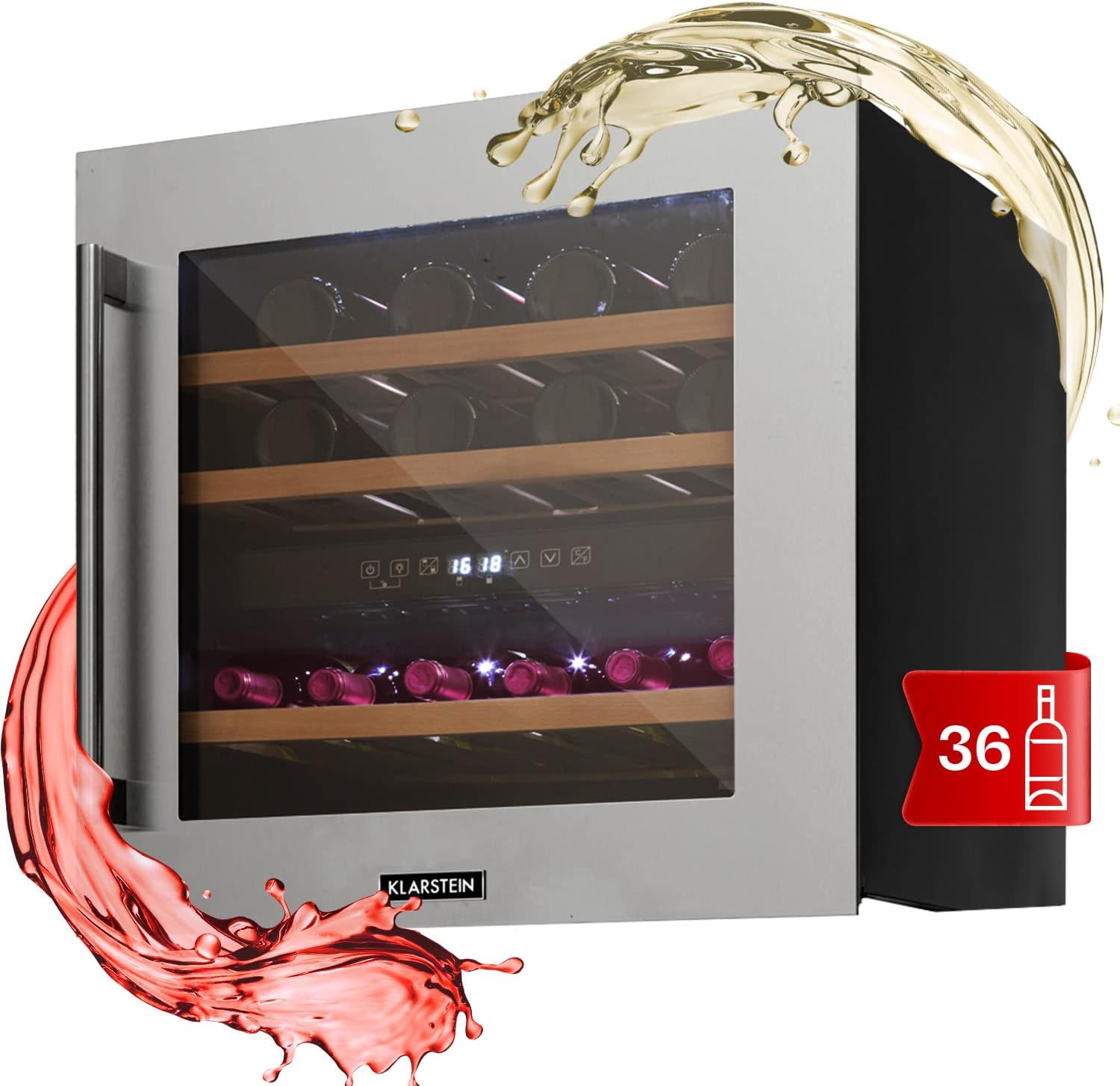 Cantinetta vino KLARSTEIN, Refrigerata a Zona Doppia per Rosso, Bianco e Birra, Controlli Touch, Frigo per Esterno/Interno, 36 Bottiglie