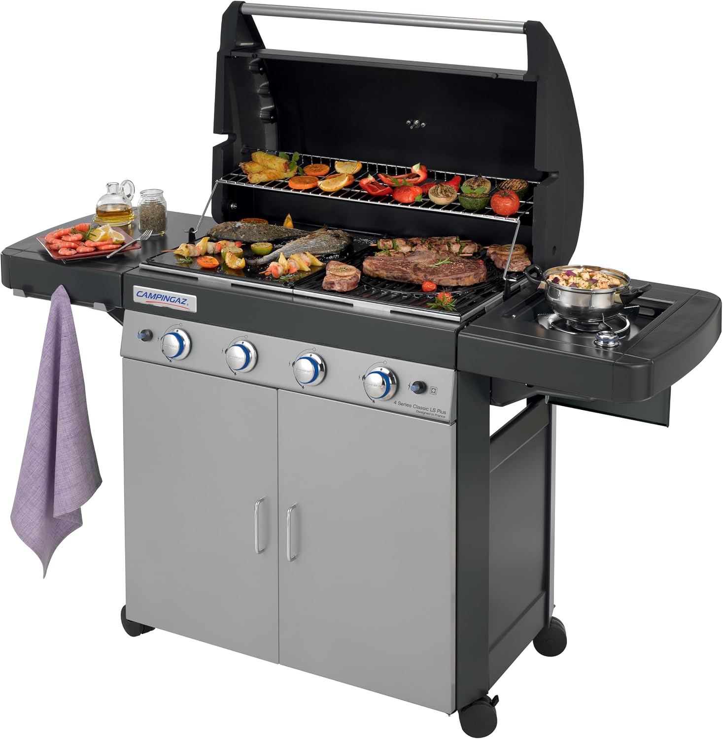 Barbecue a gas naturale Campingaz, con 4 Bruciatori, Sistema di Pulizia Facile InstaClean, 2 Tavoli a Lato, 160.3 x 60 x 115.6 cm
