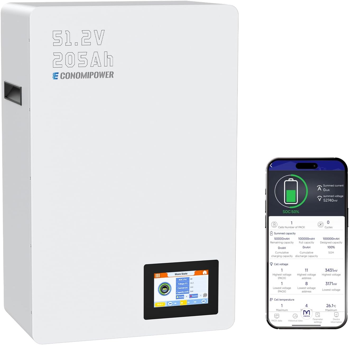 Batteria a ciclo profondo EconomiPower BMS 200 A, 200 Ah (205 Ah) Montata a Parete, 10,49 kWh di Archiviazione Solare, 8000+ Cicli, Batteria al