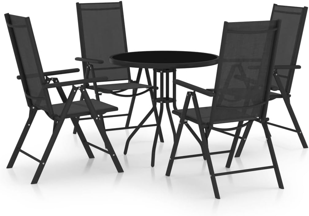 Set tavolo e sedie Generic, da Giardino a 5 Pezzi in Alluminio Nero e textilene con sedie Pieghevoli e Tavolo Rotondo in Vetro a 7 Posizioni