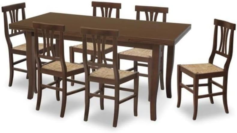 Set sala da pranzo Vicentini arreda, Allungabile in legno arte povera con sedie piera seduta paglia noce scuro (140x80 + 6 sedie)