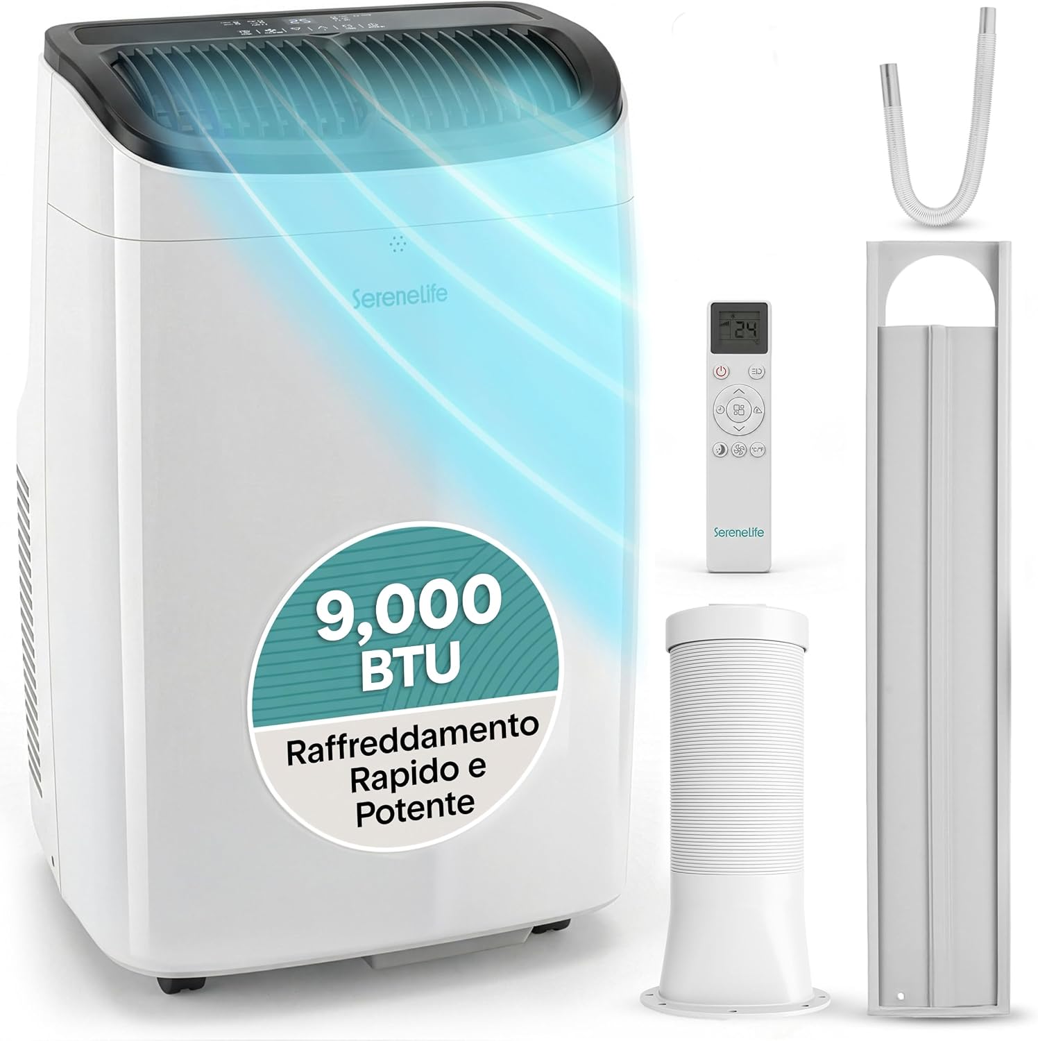 Condizionatore portatile SereneLife, Portatile 9000 BTU, 3 in 1 con Deumidificatore e Ventilazione, Pinguino Condizionatore con Telecomando e Kit