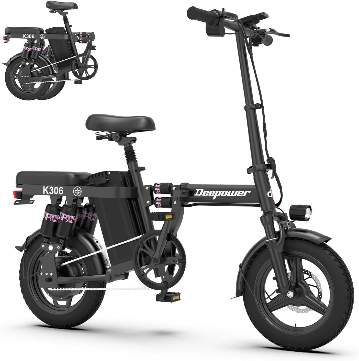 Biciclette elettriche pieghevoli DEEPOWER K306, Bicicletta Elettrica Pieghevole da 14 Pollici, E-Bike 250 W con Batteria Rimovibile 48 V 10 Ah