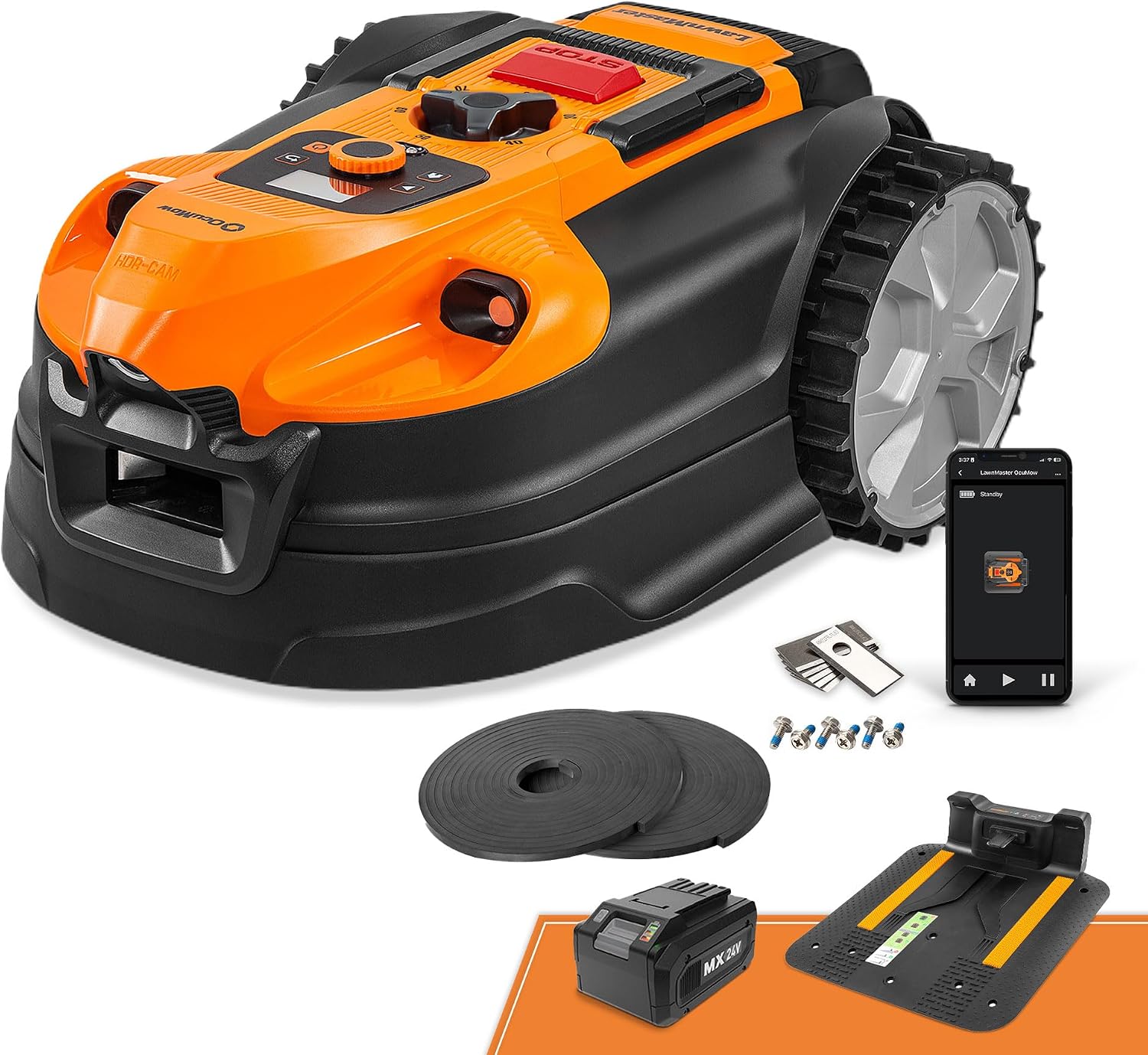 Robot tagliaerba Lawnmaster, Senza Filo 800m2 Batteria 4 Ah, Navigazione Ottica, Evitamento di Ostacoli, Stazione di Carica Automatica, Funzione