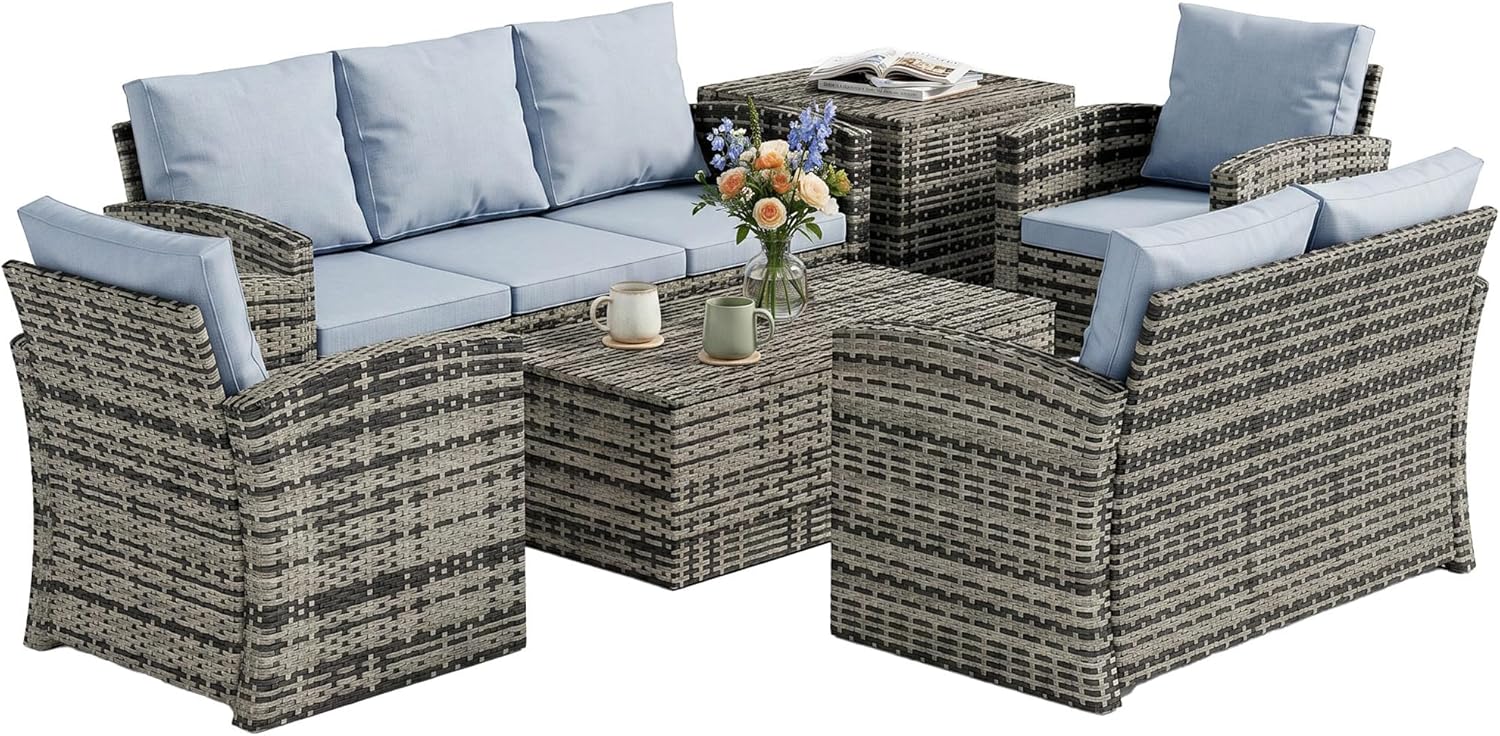 Set mobili da giardino Outsunny, da Giardino in Rattan 6 Pezzi, 7 Posti Grigio