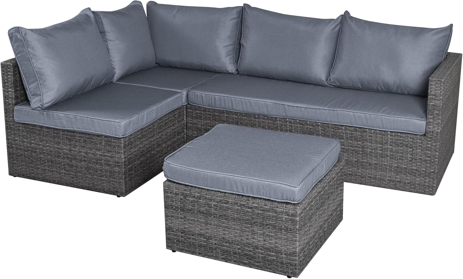 Divano Bravich, Set di mobili da giardino in rattan, angolare a 6 posti con poggiapiedi, set grigio per esterni, facile da montare, forma a L