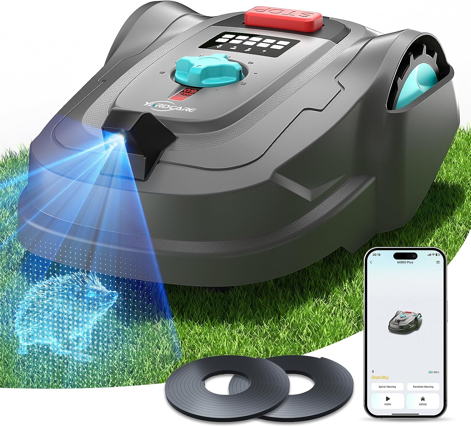 Robot tagliaerba YARDCARE, senza filo perimetrale, fino a 800 m2, posizionamento GPS + visione IA, percorsi a U, robot tosaerba con App, ricarica