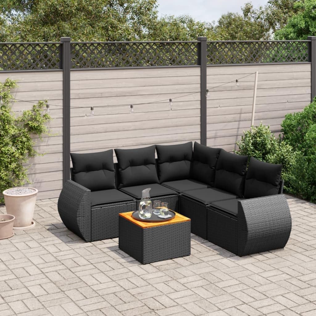 Divano Gecheer -PL1123, da Giardino, Terrazzo, Veranda 6 pz con Cuscini Nero in Polyrattan-PL1123