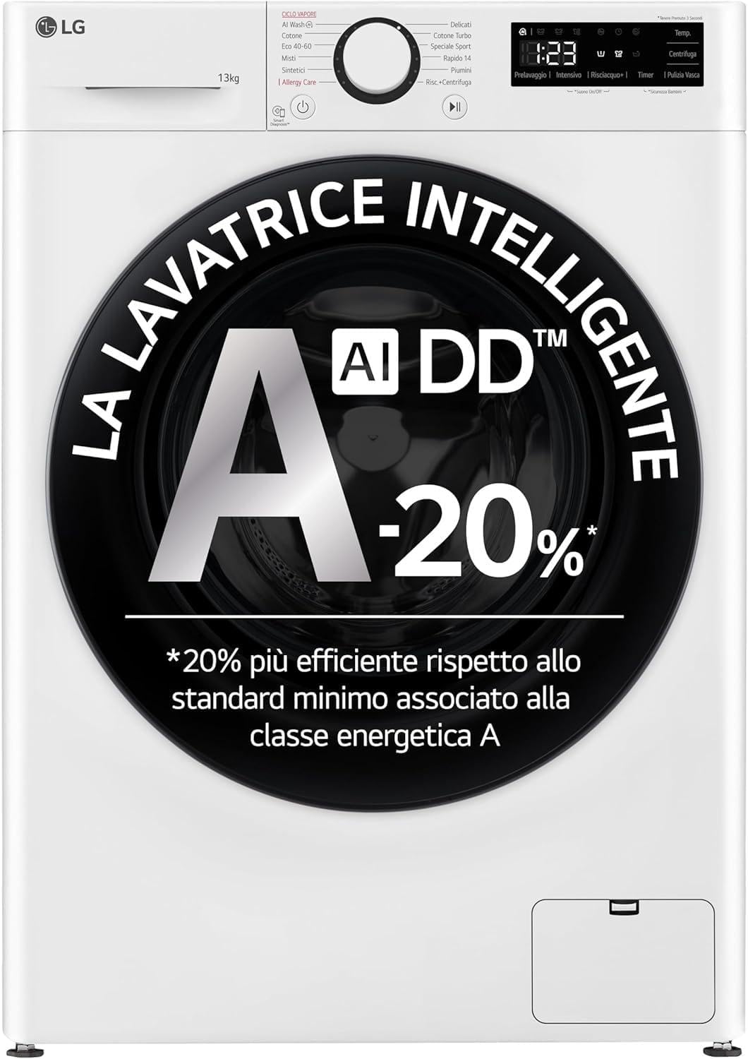 LG F4R3013NSWB A-20 lavatrice, 13 kg Serie R3, Classe A-20%, 1400 giri, Lavaggio a vapore, Motore Direct Drive, Cestello a bolle, Smart Diagnosis
