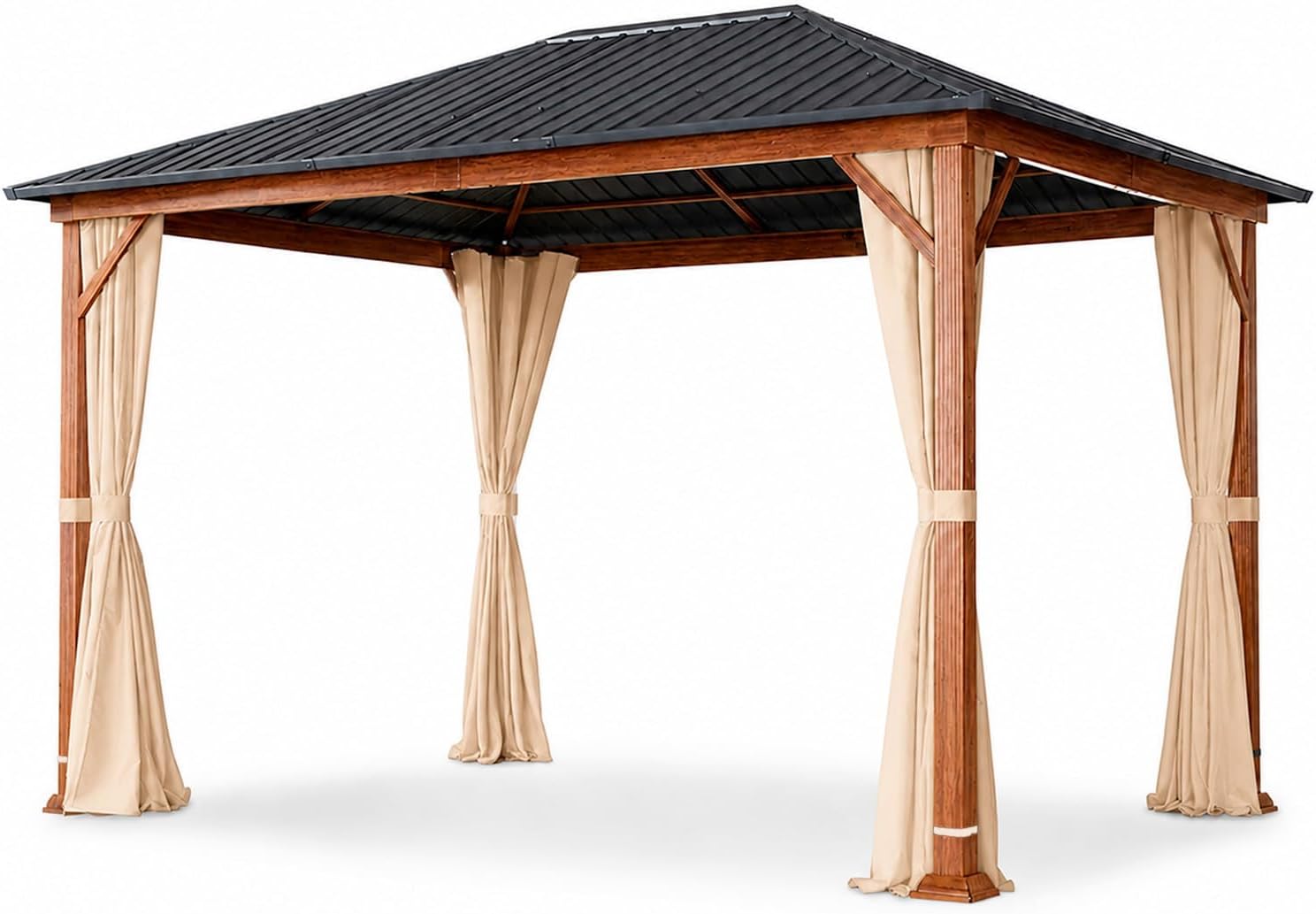 Gazebo Arreditaly 3X4, Da Giardino Con Struttura Effetto Legno E Tetto In Acciaio Zincato Con Tende Laterali Impermeabile Per Patio Terrazza