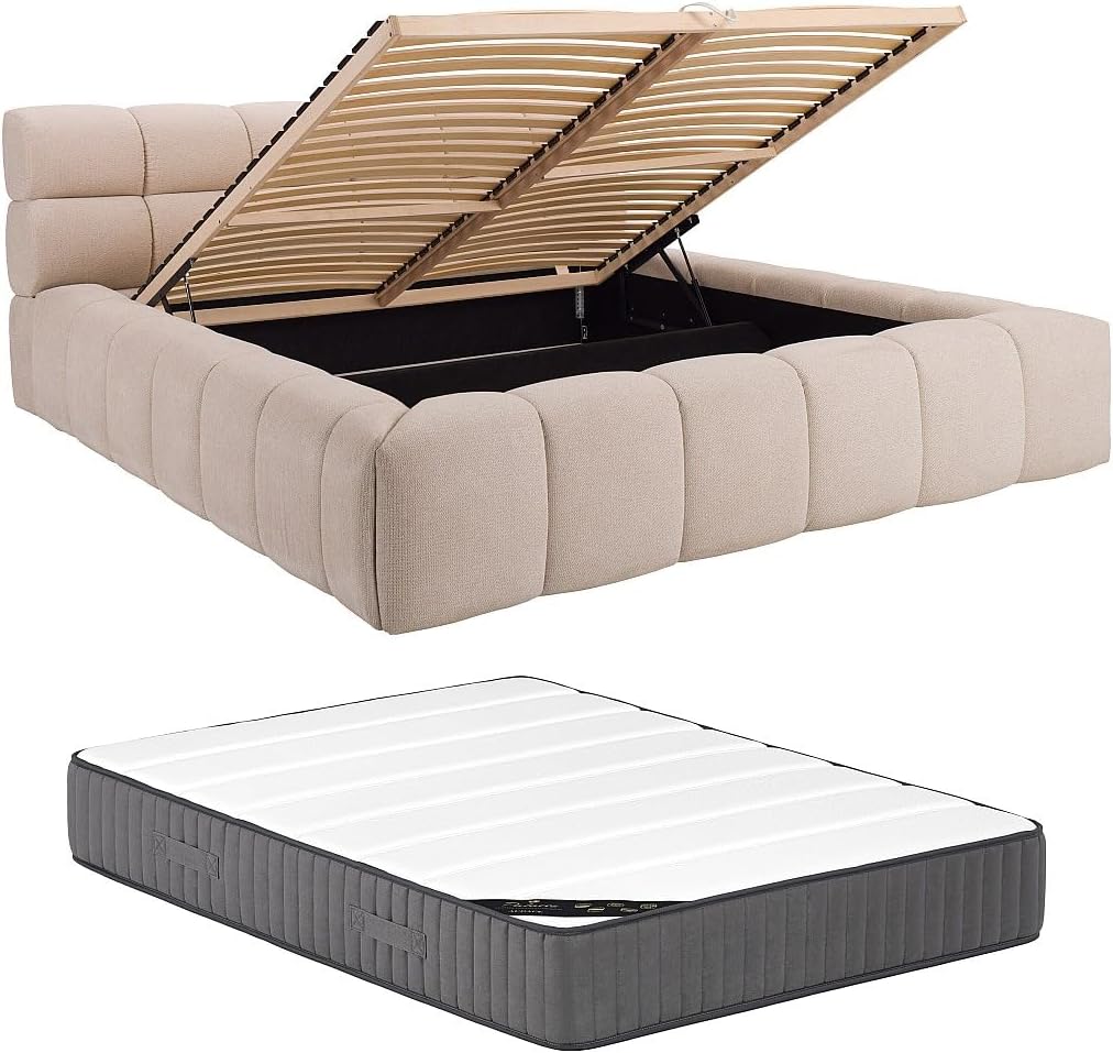 Letto Vente-unique, Pascal morabito, con contenitore 180 x 200 cm Tessuto Beige + Materasso, FORVIK II