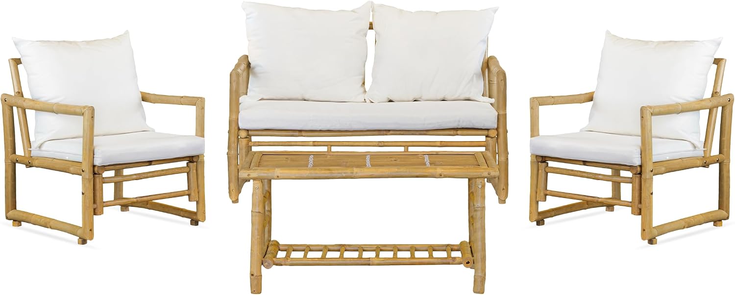 Set mobili da giardino Brigros, Salotto Da Giardino Esterno modello Coco In Bamboo, Tavolo Da Giardino Con Sedie E Poltroncina, Tavolino