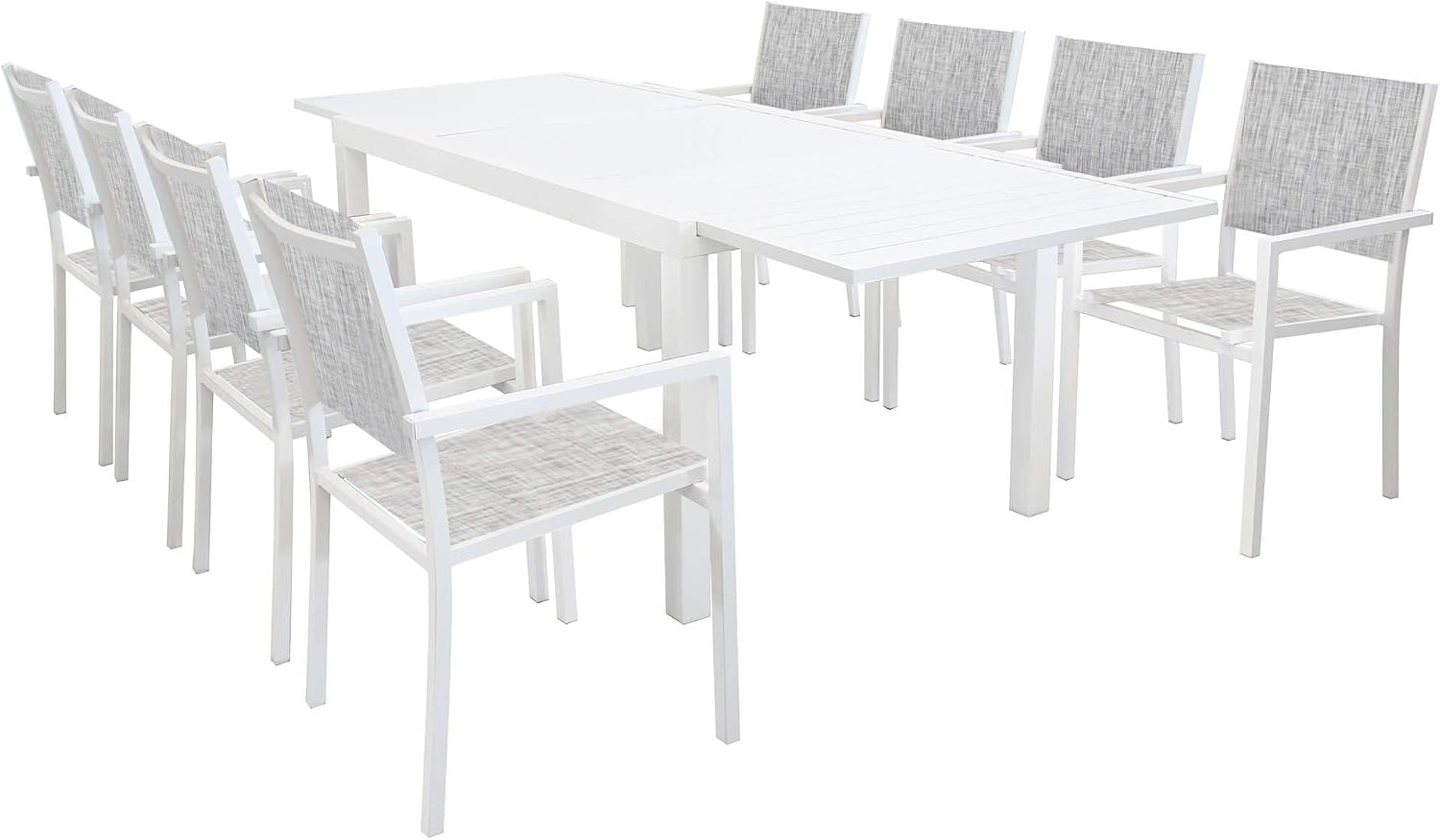 Tavolo milani home, Set Tavolo Giardino Rettangolare Allungabile 160/240x90 Con 8 Poltrone In Alluminio Bianco Da Esterno