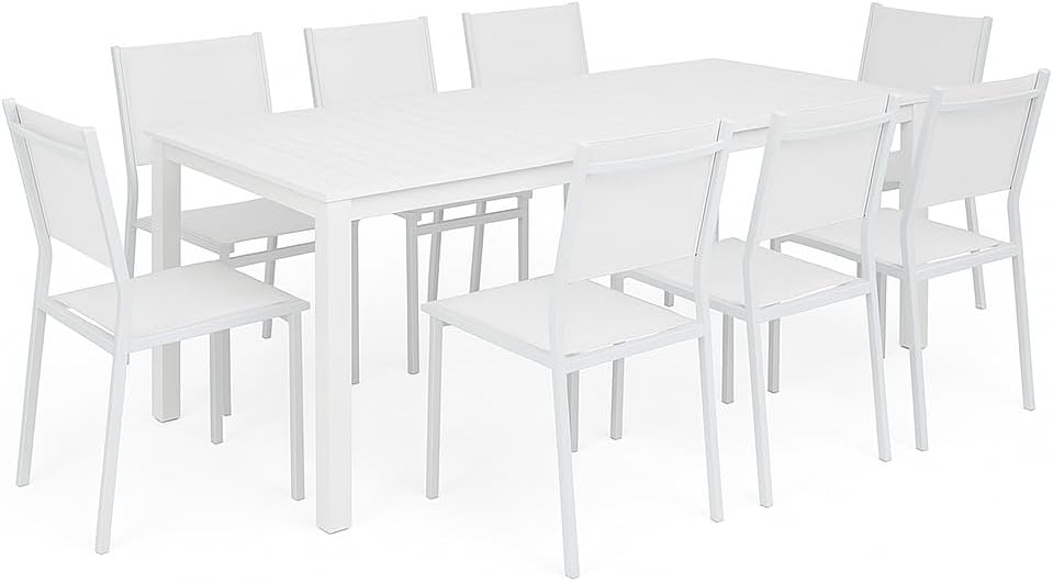Tavolo Totò Piccinni, Allungabile in alluminio rettangolare ideale per giardino con piano a doghe dal design moderno Bianco, Set Tavolo 200/300 +