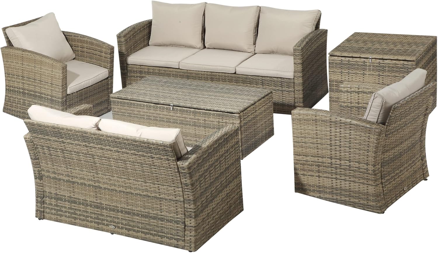 Set mobili da giardino Outsunny, da Giardino 6 Pezzi in Rattan, Salotto da Giardino con 2 Tavolini Contenitore, Divani e 2 Poltrone Imbottiti