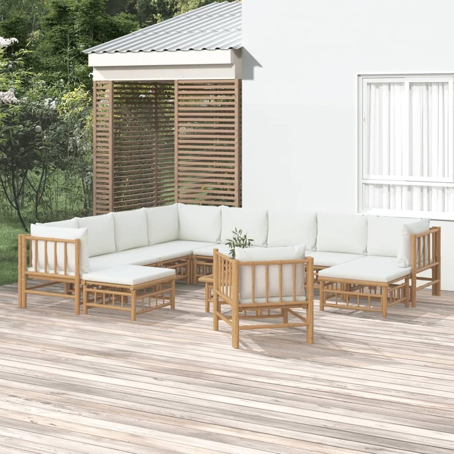 Divano Homgoday, Set Salotto da Giardino 12pz con Cuscini Bianco Crema in bambù, Salotto da Giardino Salottino, Lettini Prendisole, Letto Mobili