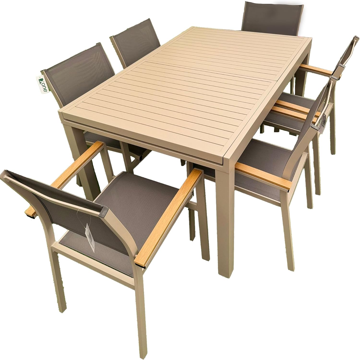 Set mobili XONE, in Alluminio 1 Tavolo Estensibile (140/200x90cm) + 6 sedie impilabili con braccioli, Top di Gamma