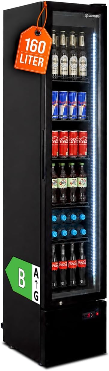 Frigorifero per bevande GastroHero GKS-160, con porta in vetro e LED, frigorifero per bottiglie con serratura, da 0 a +10 °C