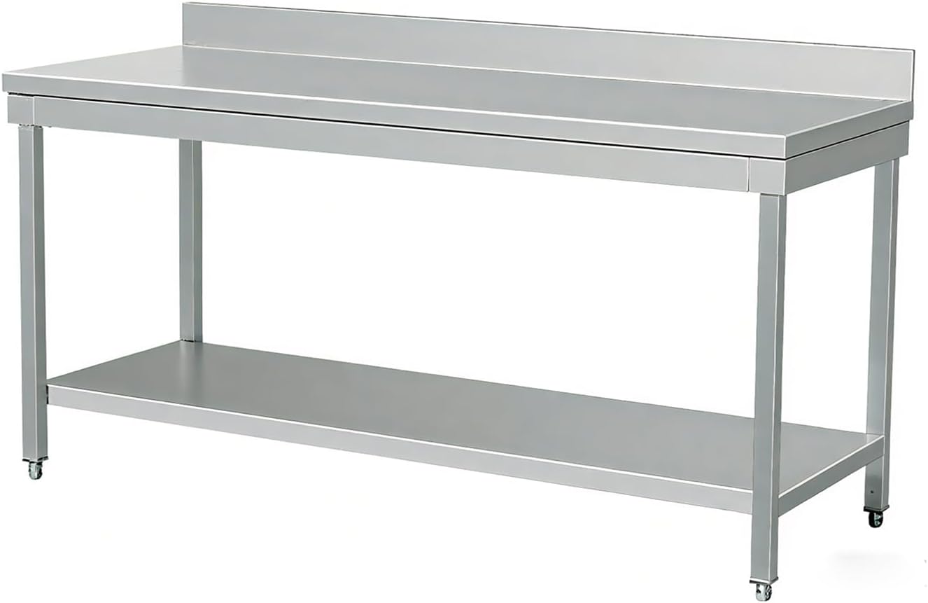 Tavolo da lavoro cucina Ristoattrezzature, in acciaio inox 200x60x95h cm su gambe con piano di fondo e alzatina VS