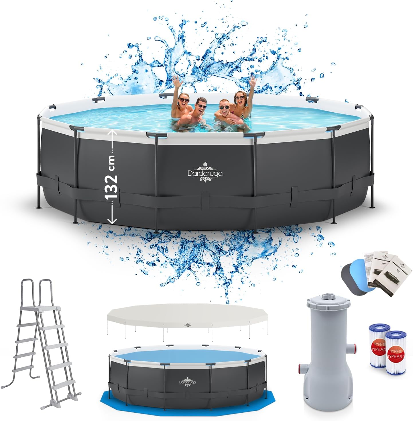 Piscine fuoriterra DARDARUGA, Piscina Fuori Terra Dardaruga Ø 488 x 132 cm, Mod. MAUI (2026), Marchio Italiano, Scala + Copertura + Telo Base +