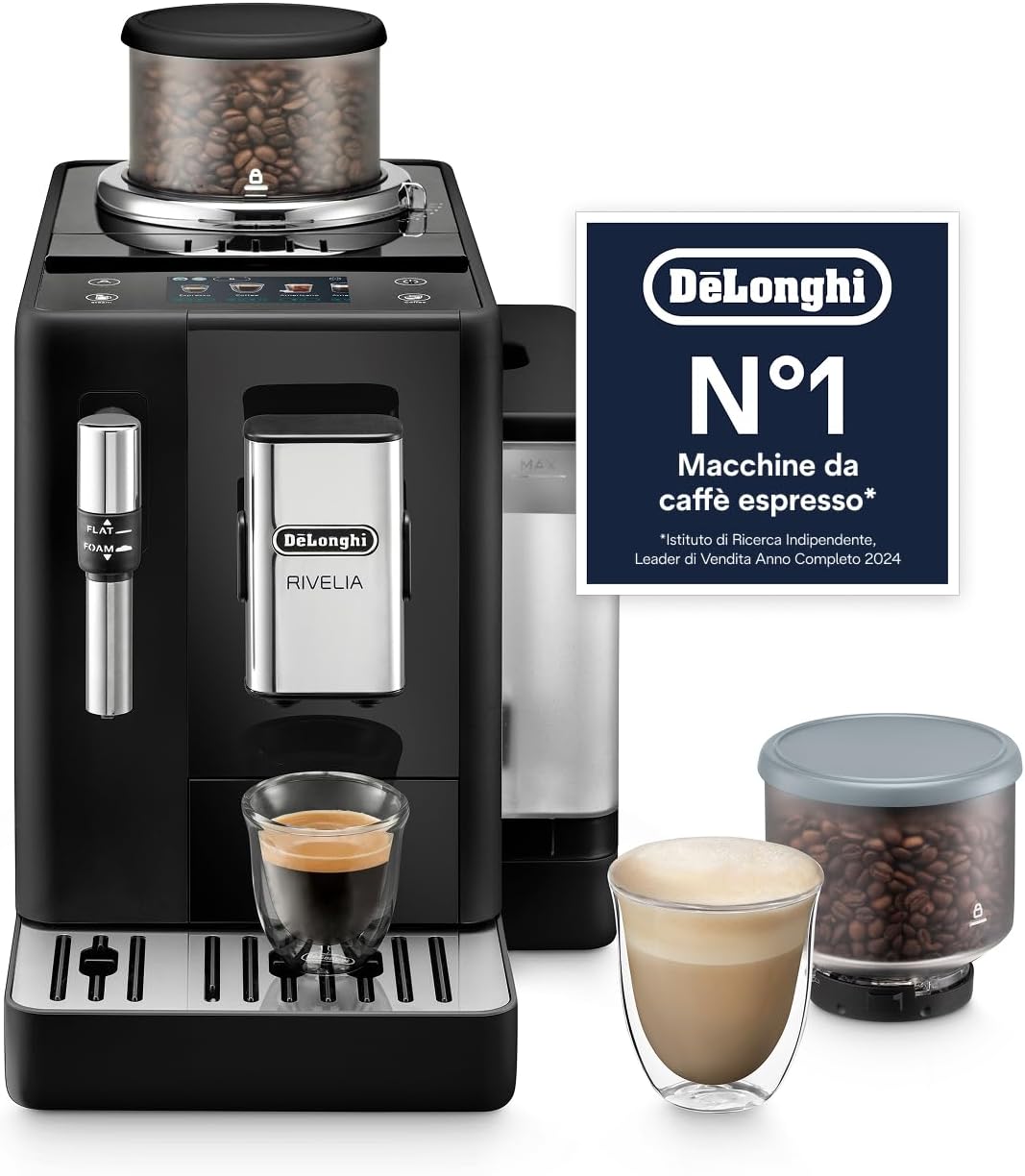 De'Longhi EXAM440.35.B macchina da caffè automatica, Chicchi Macinati al Momento, Portachicchi Intercambiabile, Montalatte Classico, 8 Ricette
