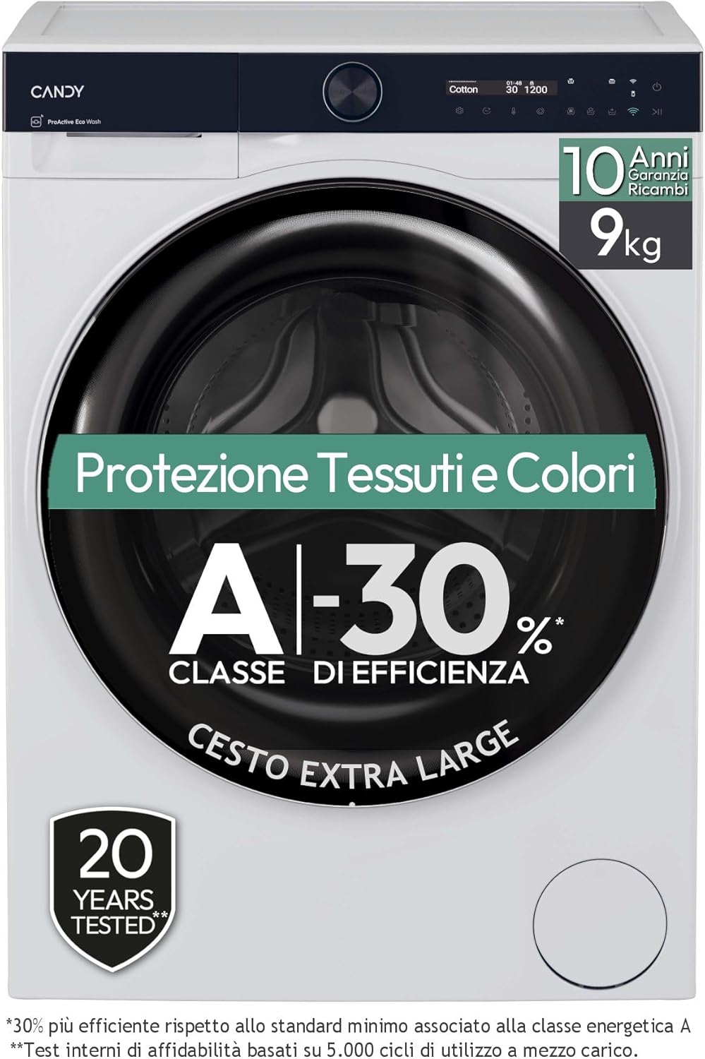CANDY A-30 49B9-S lavatrice, 700 Lavatrice 9 kg, Libera Installazione, Carica Frontale, Classe A-30%, 1400 Giri, 16 Programmi, Connessa, Funzione
