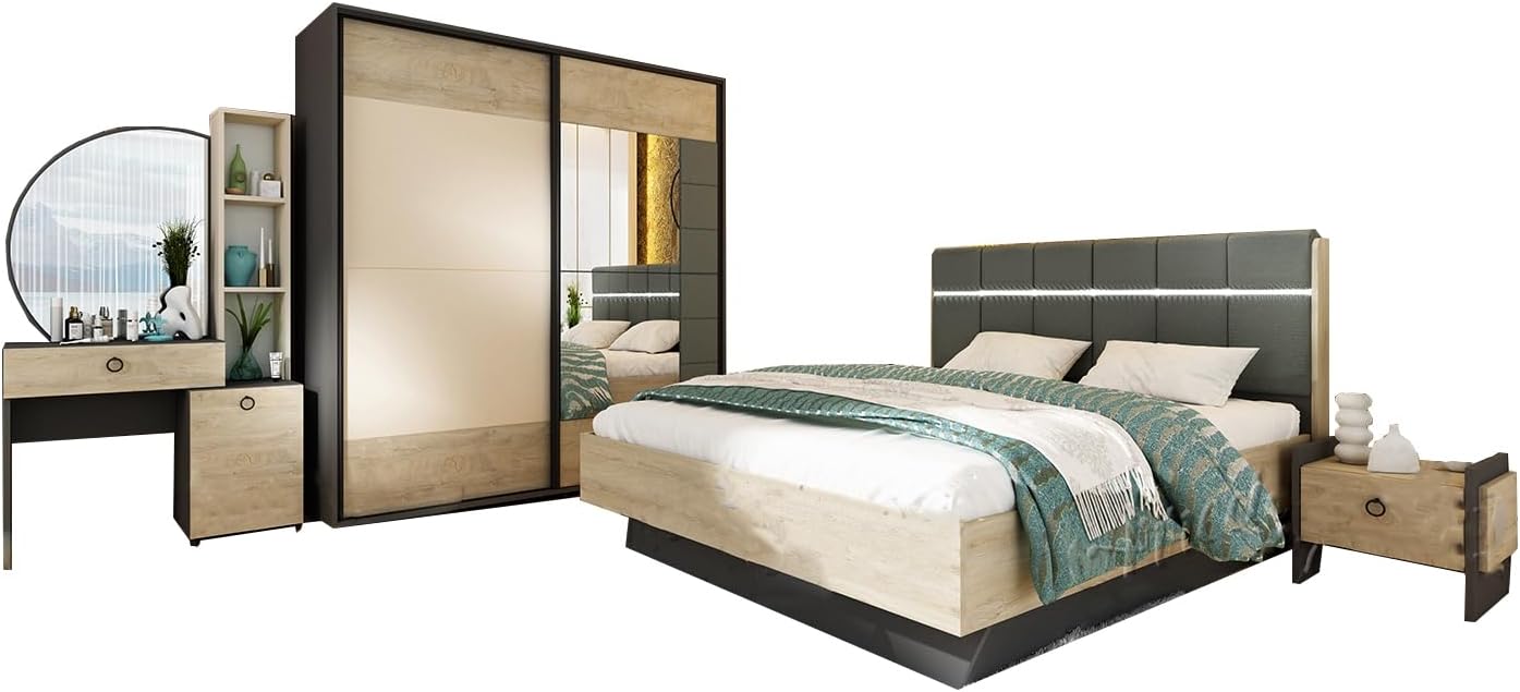Set arredo camera da letto ARREDO DA CASA CDLU37, con Letto Matrimoniale Contenitore Armadio Ante Scorrevoli e Comò con Specchio Rovere Chiaro